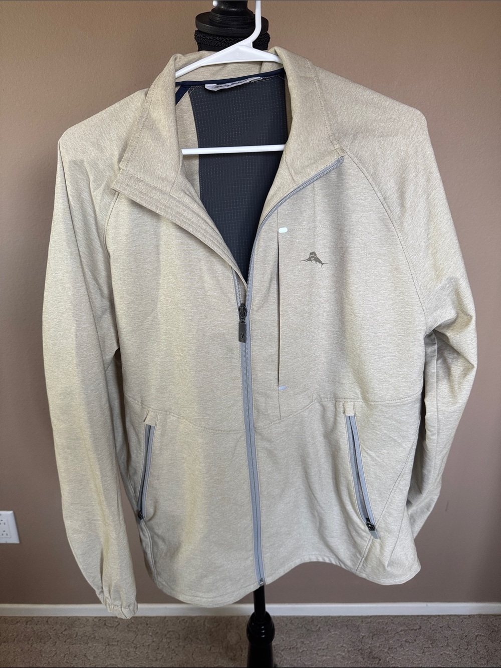 Tommy Bahama On Par Men's Light Beige Full-Zip Performance Jacket with Gray Trim